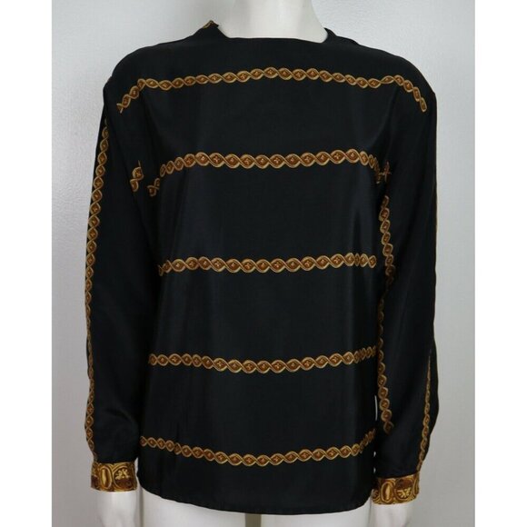 VINTAGE WOMEN'S SILKY TEXTURED BLOUSE - JORDAN - SIZE 9/10 - BLACK & GOLD - Picture 1 of 6